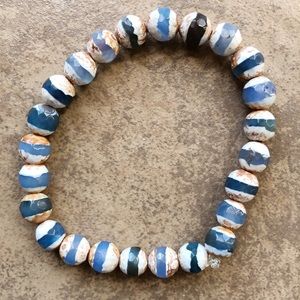 Tibetan (Dzi) Agate Blue Banded Faceted Beaded Bracelet